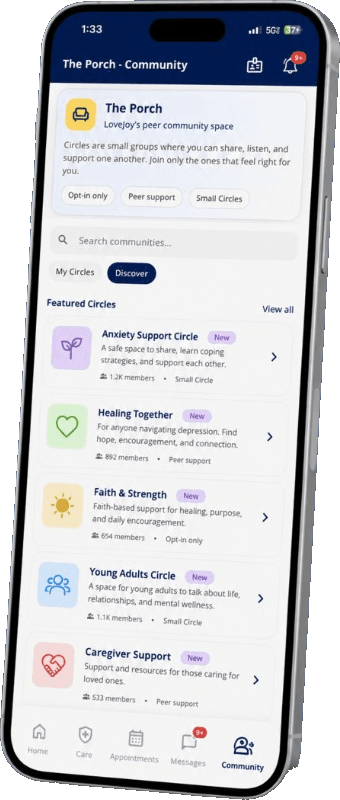 The Porch in the LoveJoy patient app, where people join communities. The circles on screen are examples, not a live view of Mike James' community.